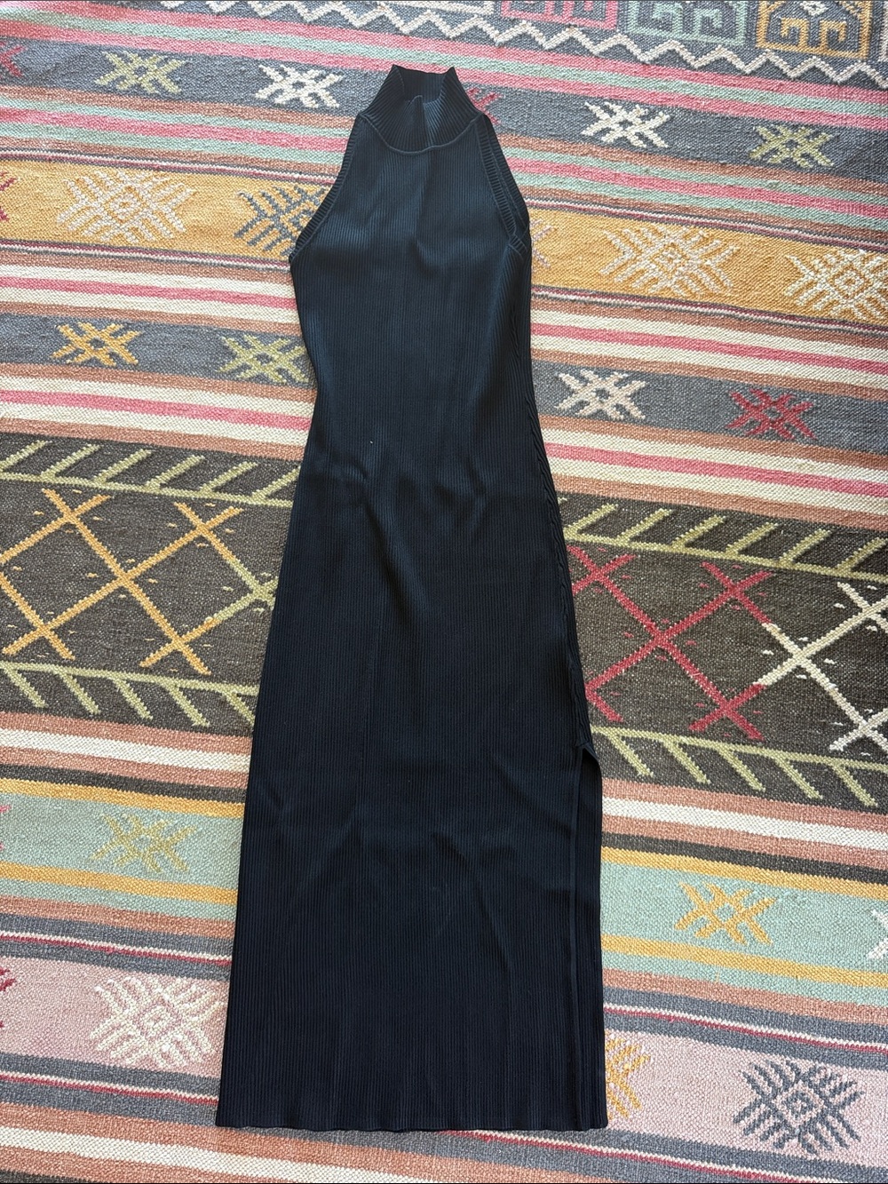 Veronica Beard Black Sleeveless Ribbed Maxi Dress with High Neck